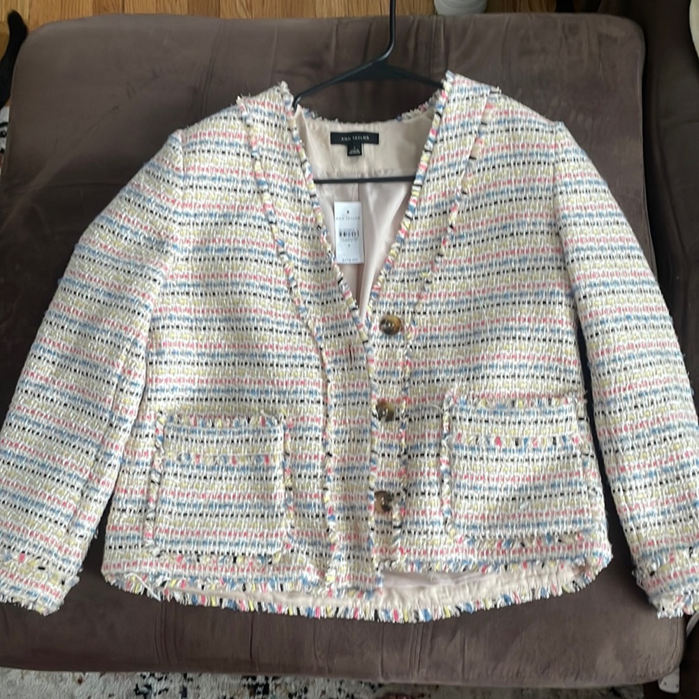 Ann Taylor tweed blazer multicolor stripes with glitter accents NWT